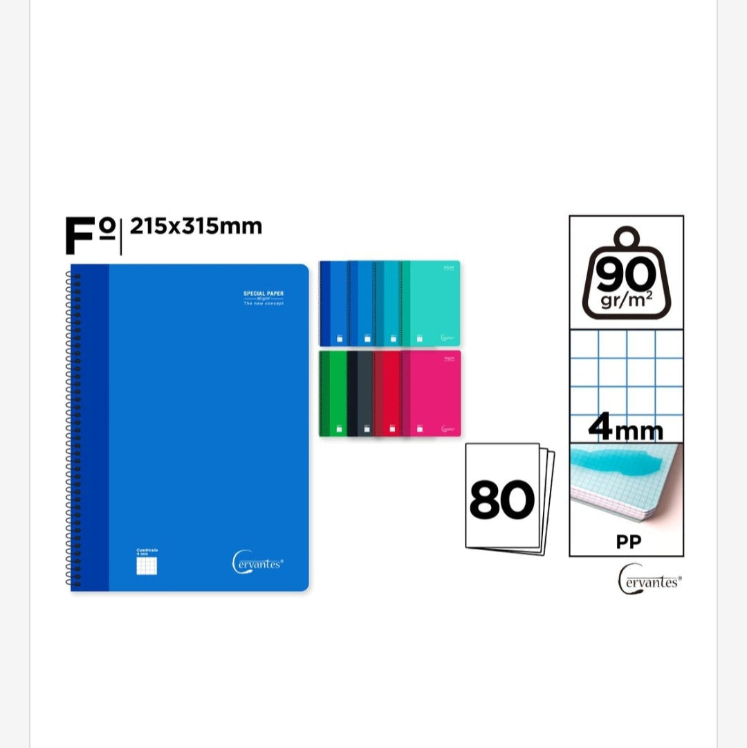 Cuaderno espiral 80 hojas 90gr/m2 tapa plástico 4mm