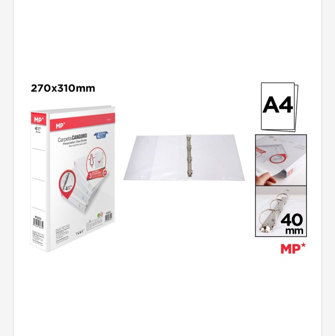 Carpeta canguro 4 anillas blanca 40mm A4