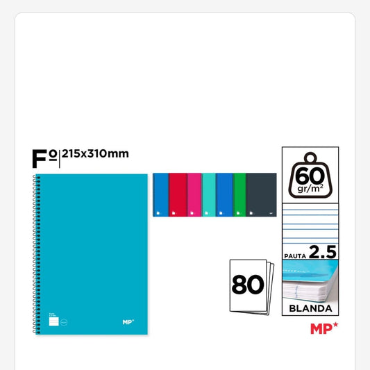 Cuaderno espiral 80 hojas 60gr/m2 tapa blanda pauta 2.5mm