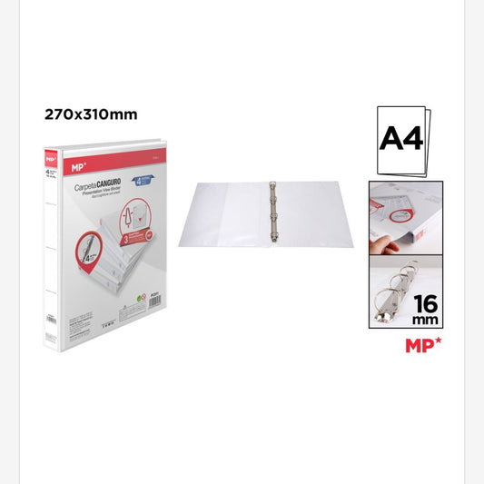 Carpeta canguro 4 anillas blanca 16mm A4