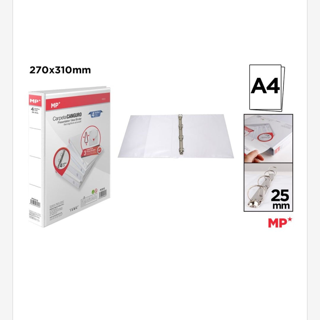 Carpeta canguro 4 anillas blanca 25mm A4
